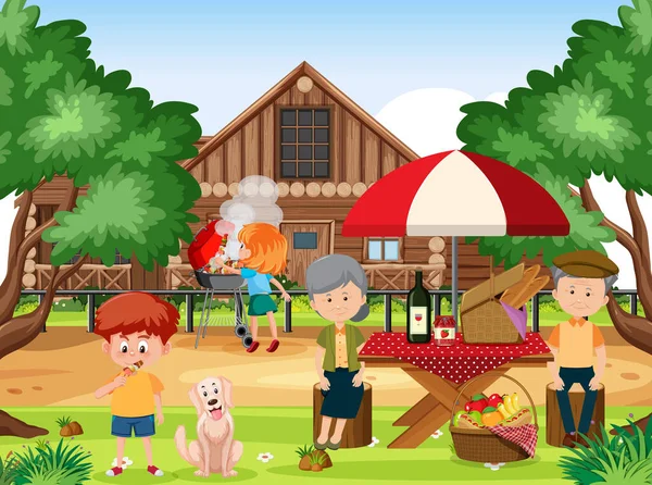 Picknick Szene Mit Glücklicher Familie Garten Illustration — Stockvektor