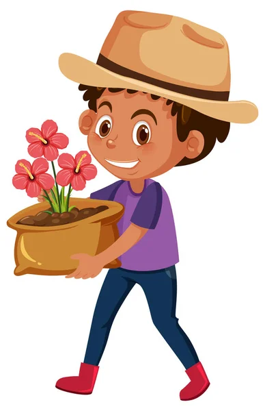 Boy Holding Flower Pot Cartoon Character Isolated White Background Illustration — Stock Vector