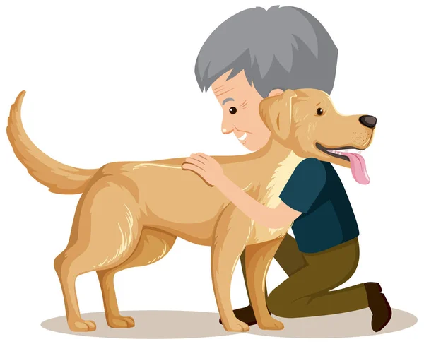 Vieil Homme Avec Chien Mignon Sur Fond Blanc Illustration — Image vectorielle