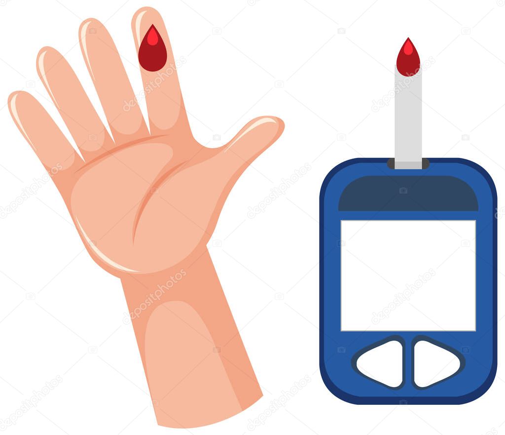 Medical blood glucose measurement with blood on finger illustration