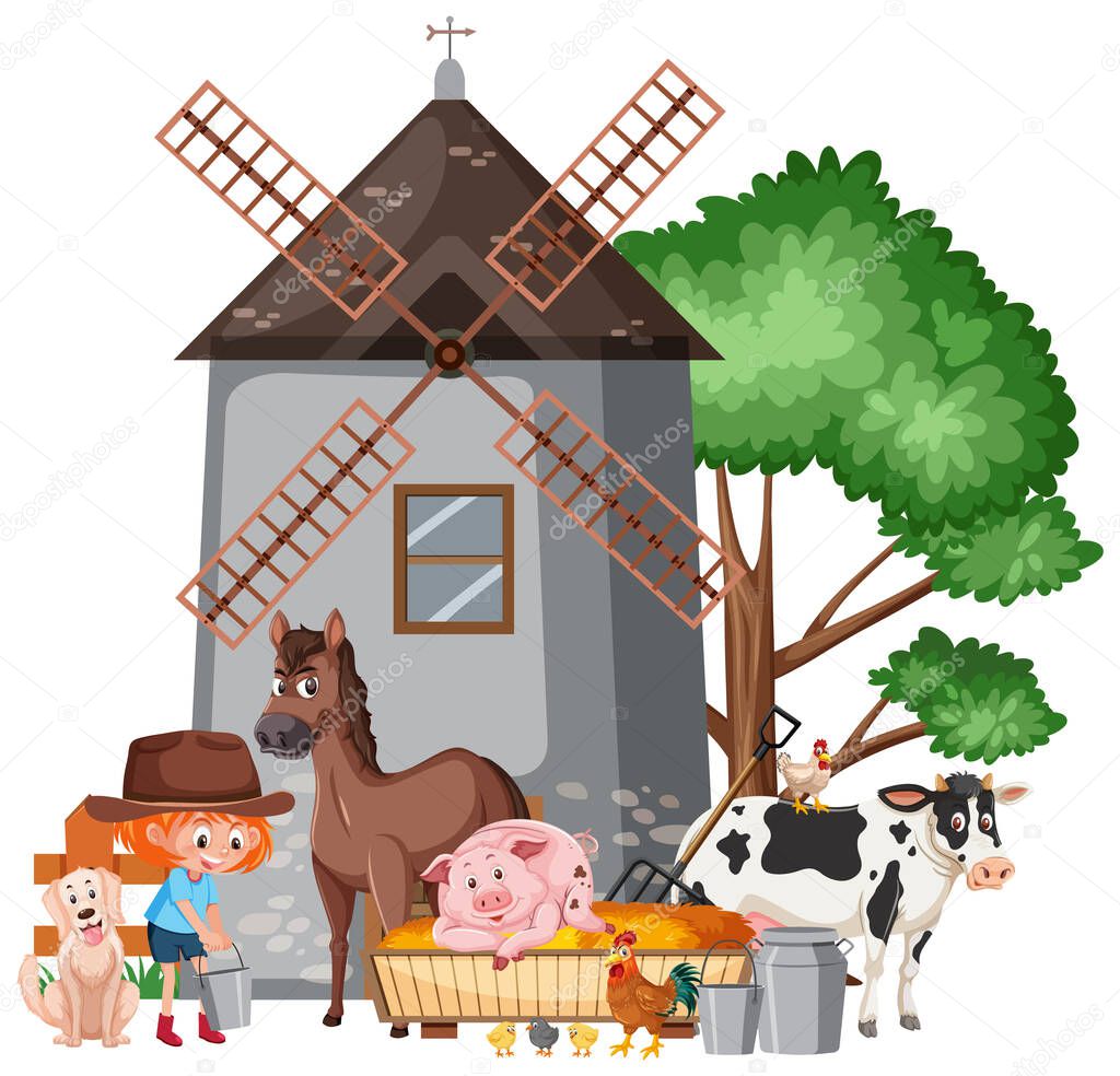 Scene with farmgirl feeding many animals on the farm illustration