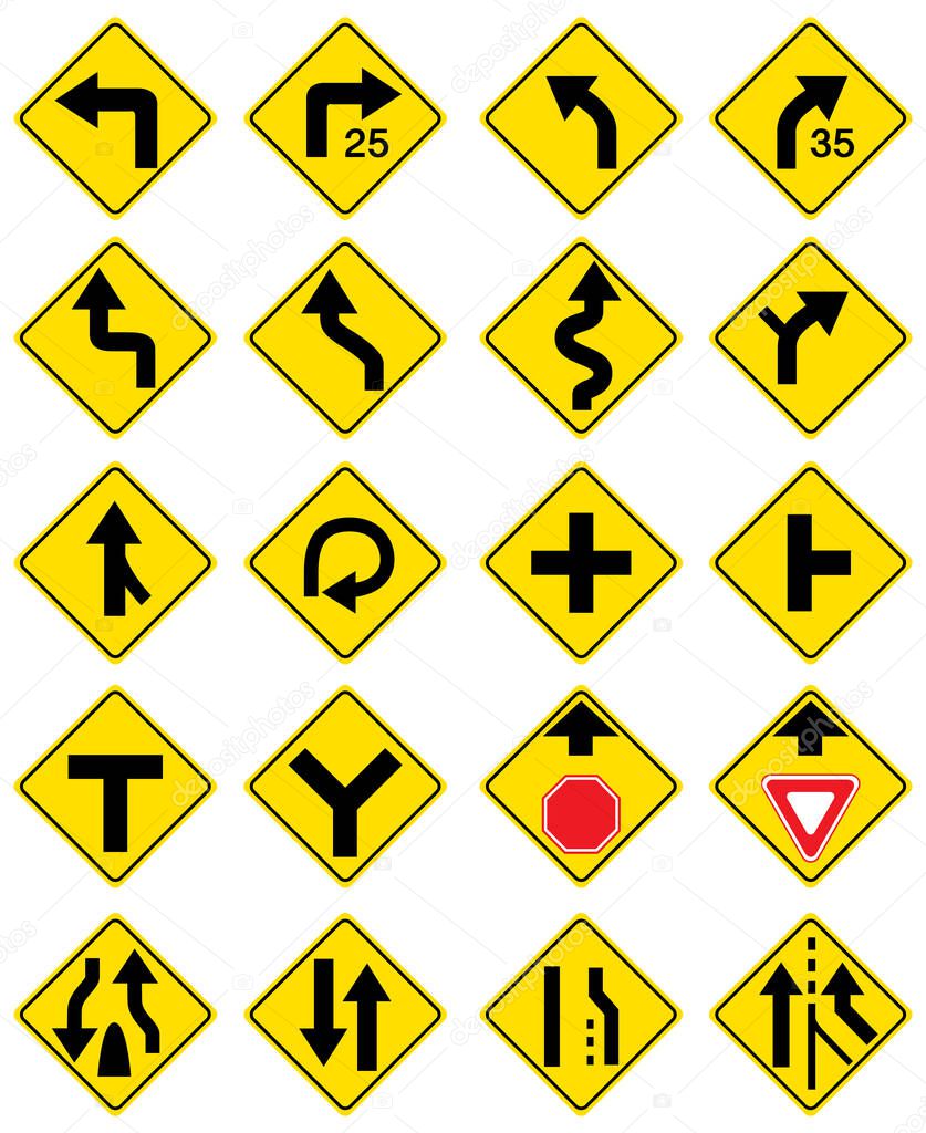 Set of warning road signs on white background illustration