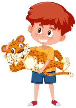 Beyaz arkaplanda izole edilmiş şirin hayvan çizgi film karakteri tutan çocuk.