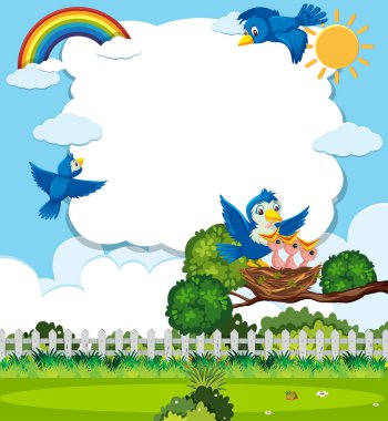 Piliçler ve onun anne kuşu doğa çiziminde.