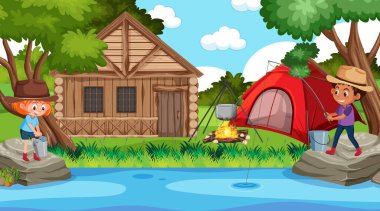 Orman illüstrasyonunda mutlu bir aileyle piknik sahnesi