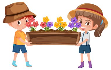 Ot karikatüründe çiçek tutan kız ve oğlan beyaz arkaplanda izole edilmiş.