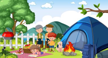 Bahçedeki resimde mutlu bir ailenin olduğu piknik sahnesi