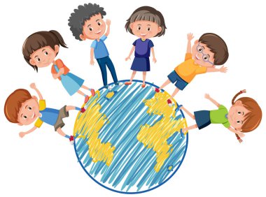 Dünya üzerindeki birçok çocuk çizgi film tarzında beyaz arkaplan resimlerinde izole edilmiştir.