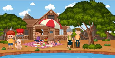 Bahçedeki resimde mutlu bir ailenin olduğu piknik sahnesi