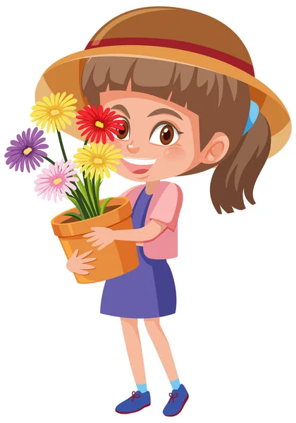 Girl Holding Flower Pot Cartoon Character Isolated White Background Illustration — Stock Vector