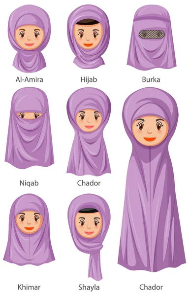 Tipi Veli Islamici Tradizionali Femmina Stile Cartone Animato Illustrazione — Vettoriale Stock
