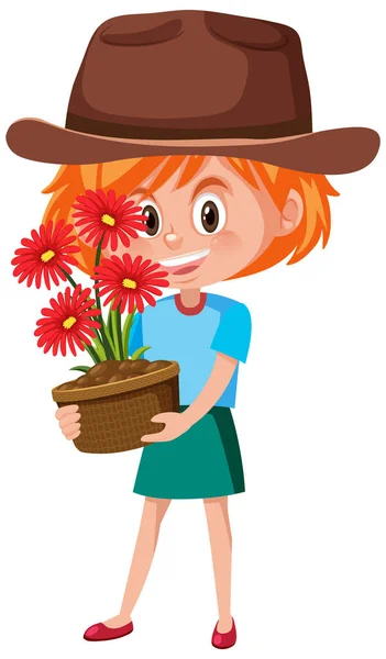 Meisje Met Bloem Pot Stripfiguur Geïsoleerd Witte Achtergrond Illustratie — Stockvector