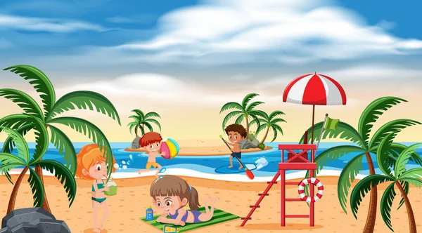 Фоновая Сцена Детьми Играющими Пляже — стоковый вектор