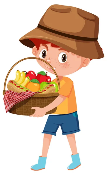 Boy Holding Picnic Basket Cartoon Character Isolated White Background Illustration — Stock Vector