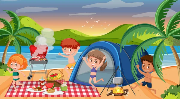 Escena Picnic Con Familia Feliz Playa Ilustración — Archivo Imágenes Vectoriales