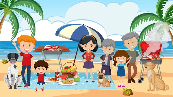 Escena Picnic Con Familia Feliz Playa Ilustración — Archivo Imágenes Vectoriales