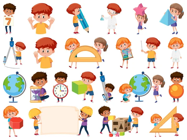 Conjunto Niños Con Objetos Educativos Ilustración Aislada — Vector de stock