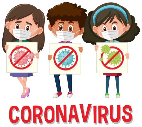 Logo Coronavirus Dengan Tiga Remaja Memegang Gambar Tanda Berhenti Coronavirus - Stok Vektor