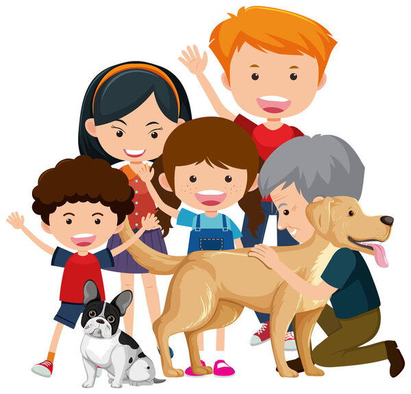 Family members with their pet dog on white background illustration