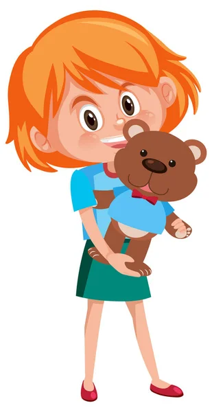 Mädchen Mit Niedlichen Teddybär Cartoon Figur Isoliert Auf Weißem Hintergrund — Stockvektor