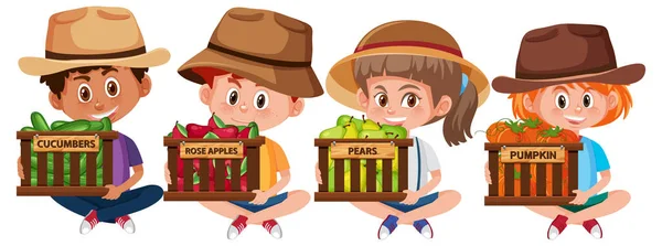 Conjunto Crianças Com Frutas Legumes Sobre Fundo Branco Ilustração — Vetor de Stock