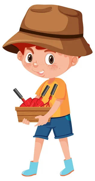 Boy Holding Gardening Tool Cartoon Character Isolated White Background Illustration — Stock Vector