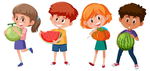 Set Different Children Holding Fruit Isolated White Background Illustration — Stock Vector