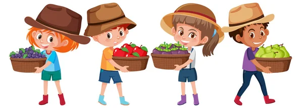 Zestaw Różnych Dzieci Trzymających Kosz Owoców Białym Tle Ilustracja — Wektor stockowy