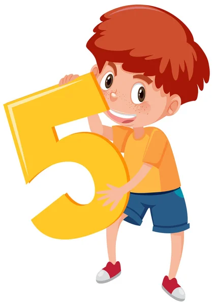 Student Boy Holding Number Cartoon Character Isolated White Background Illustration — Stock Vector