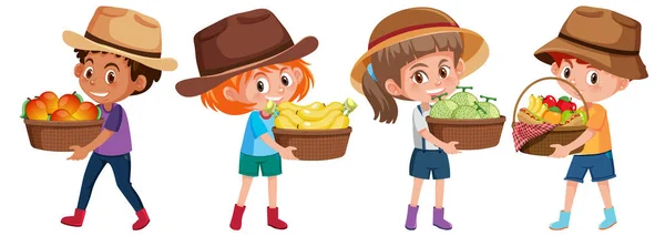Conjunto Diferentes Crianças Segurando Cesta Frutas Isoladas Fundo Branco Ilustração — Vetor de Stock