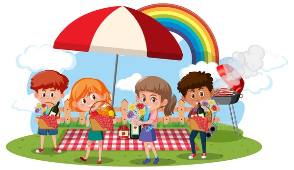 Kinderen Picknick Scene Witte Achtergrond Illustratie — Stockvector