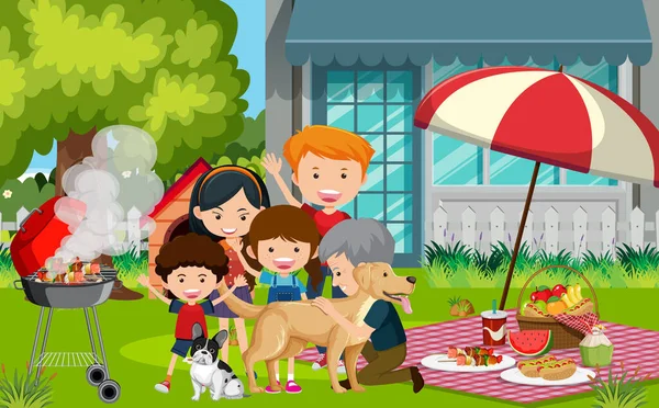 Picknick Szene Mit Glücklicher Familie Garten Illustration — Stockvektor