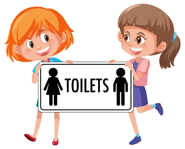 Zwei Mädchen Halten Toiletten Zeichen Isoliert Auf Weißem Hintergrund Illustration — Stockvektor