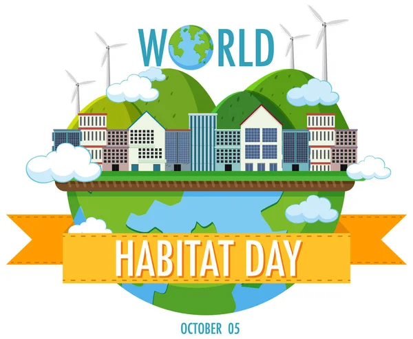 World Habitat Day Oktober Ikon Logotyp Med Städer Jorden Illustration — Stock vektor