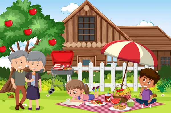 Picknick Szene Mit Glücklicher Familie Garten Illustration — Stockvektor