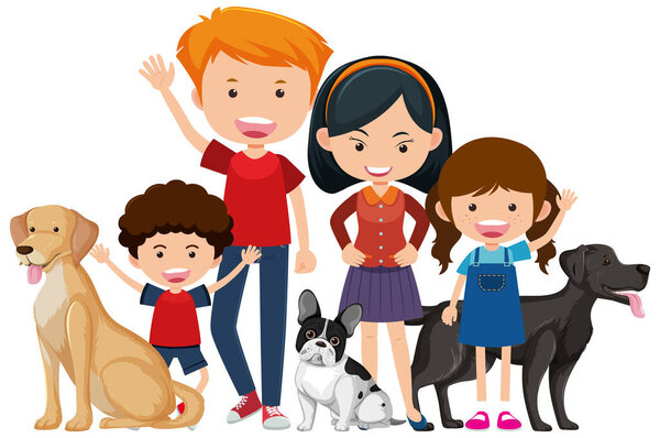 Family members with their pet dog on white background illustration