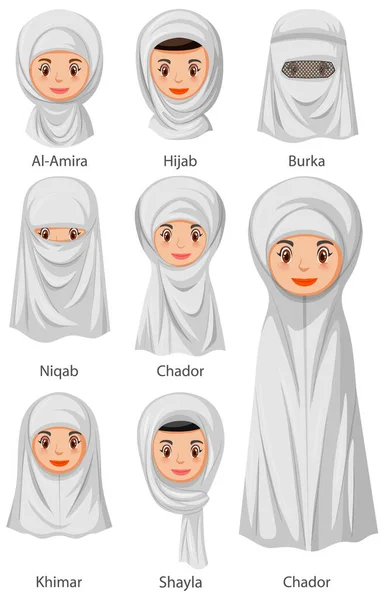 Jenis Kain Tradisional Islam Perempuan Dalam Gambar Gaya Kartun - Stok Vektor