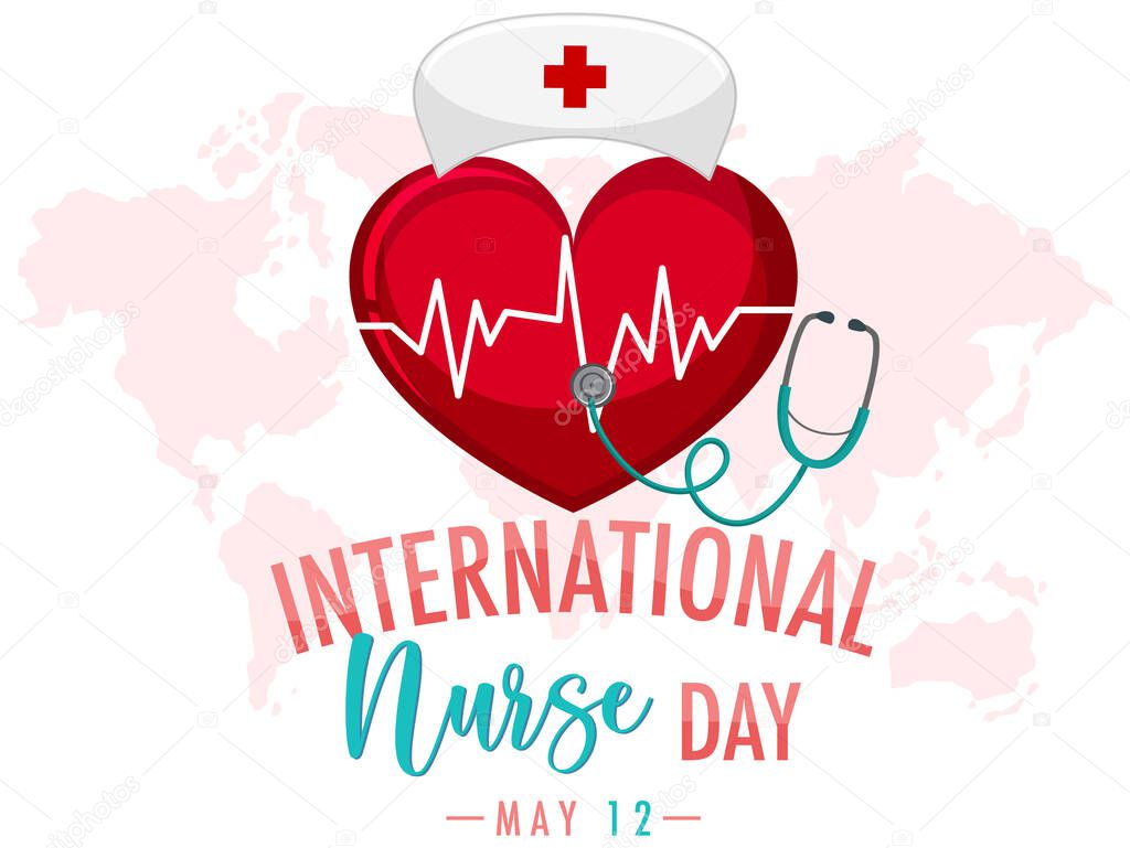 International Nurse Day logo with big heart and nurse's cap on world map background illustration
