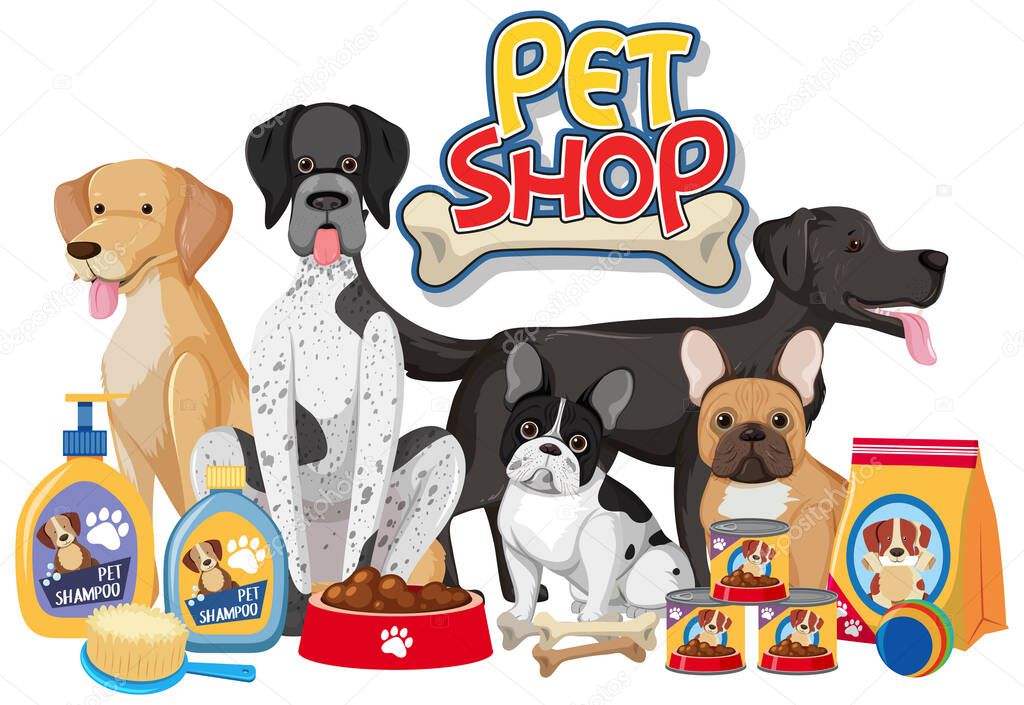 Dog group with product of dog elements on white background illustration