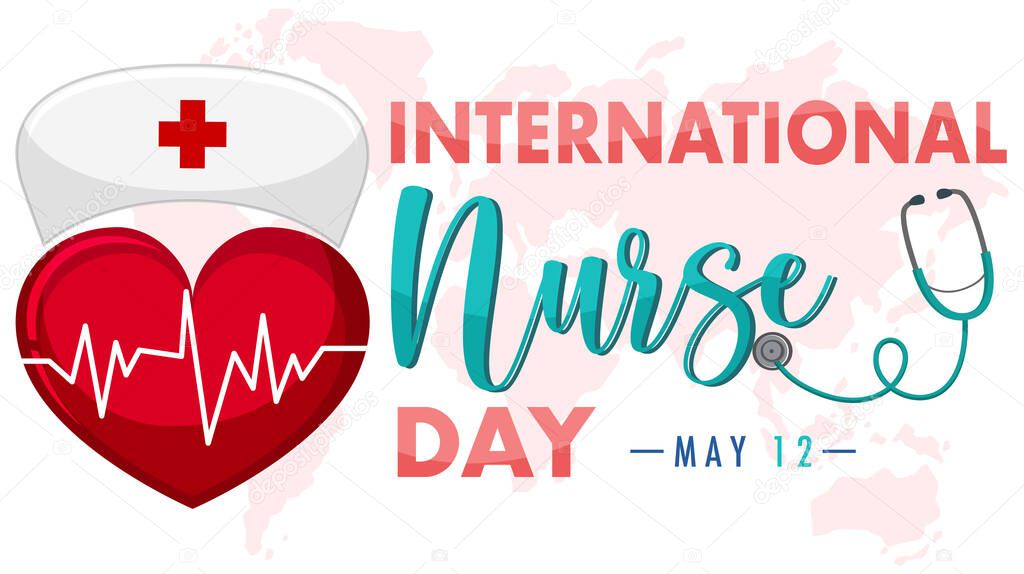 International Nurse Day logo with nurse's cap and big heart on world map background illustration