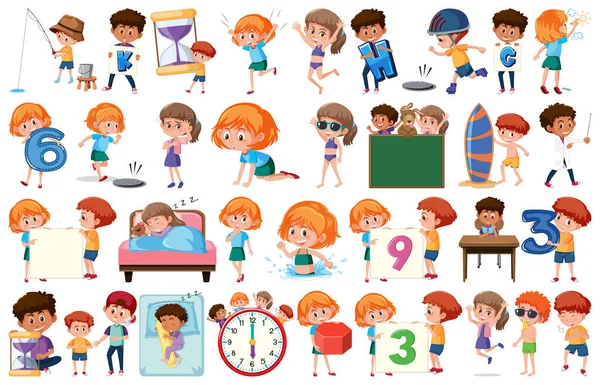 Large Set Children Doing Different Activities White Background Illustration — Stock Vector