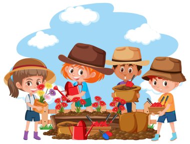 Bahçe sahnesinde beyaz arkaplanda çiçek bitkileri olan çocuklar