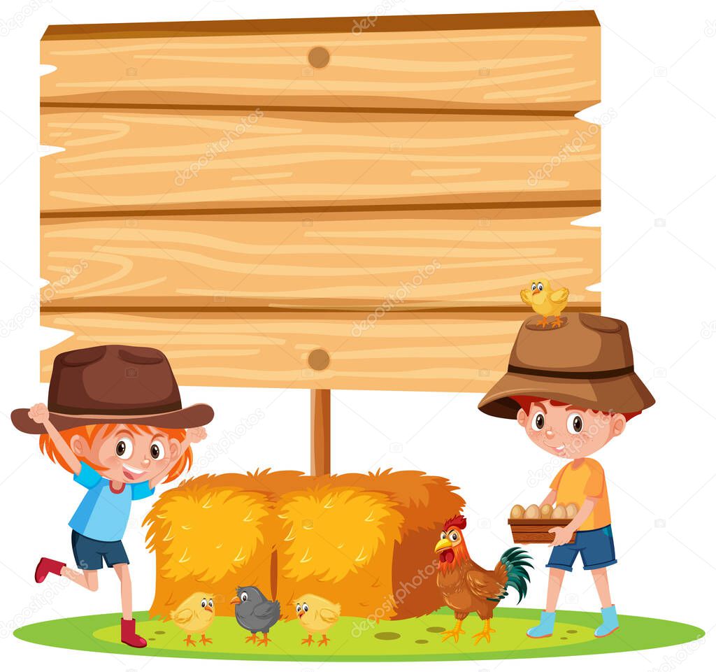 Empty banner with children and animal farm on white background illustration