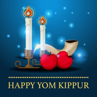 Yom Kippur logo tebrik kartı şablonu veya Shofar illüstrasyonlu arkaplan
