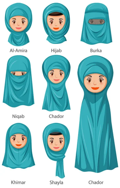 Tipi Veli Islamici Tradizionali Femmina Stile Cartone Animato Illustrazione — Vettoriale Stock