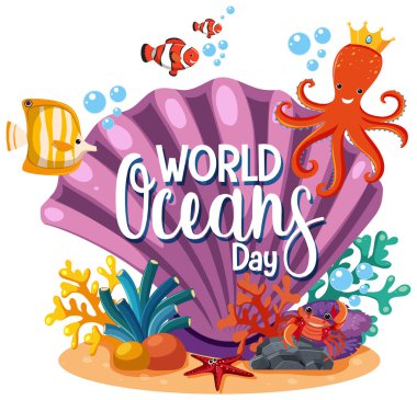 Dünya Okyanuslar Günü logosu ya da büyük kabuklu ve şirin ahtapot resimli pankart