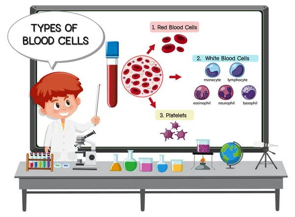 Científico Joven Explicando Tipos Células Sanguíneas Delante Tablero Con Elementos — Archivo Imágenes Vectoriales