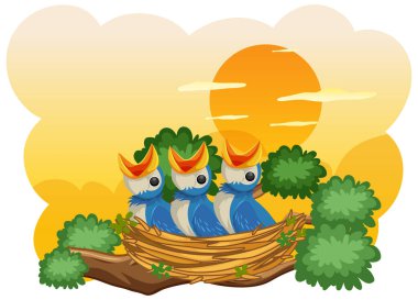 Piliçler ve onun anne kuşu doğa çiziminde.