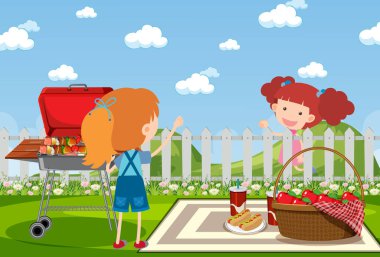 Park illüstrasyonunda iki kızla arka plan sahnesi