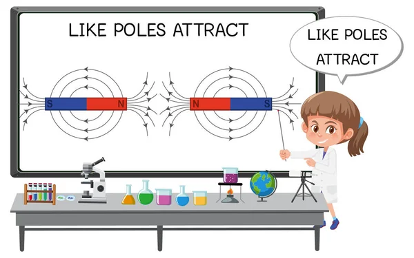 Ilmuwan Muda Menjelaskan Ilustrasi Kutub Magnetik - Stok Vektor